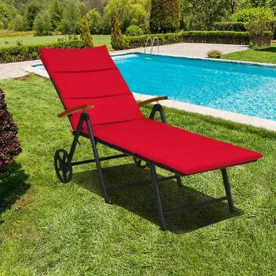 Folding Patio Rattan Lounge Chair with Wheels-Red