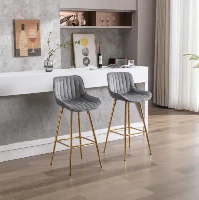 30 inch Set of 2 Bar Stools, with Chrome Footrest Velvet Fabric Counter Stool Golden Leg Simple High Bar Stool, GRAY