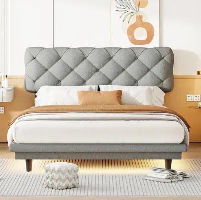 Full Size Upholstered Bed With Light Stripe, Floating Platform Bed, Linen Fabric, Gray