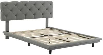 Full Size Upholstered Bed With Light Stripe, Floating Platform Bed, Linen Fabric, Gray