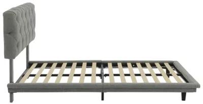 Full Size Upholstered Bed With Light Stripe, Floating Platform Bed, Linen Fabric, Gray