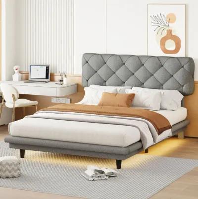 Full Size Upholstered Bed With Light Stripe, Floating Platform Bed, Linen Fabric, Gray