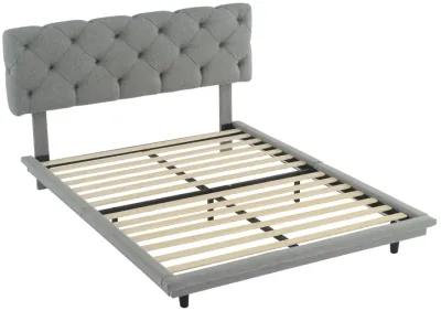 Full Size Upholstered Bed With Light Stripe, Floating Platform Bed, Linen Fabric, Gray