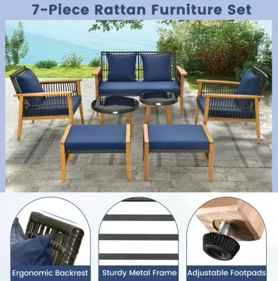 7 Piece Outdoor Conversation Set with Stable Acacia Wood Frame Cozy Seat & Back Cushions-Navy