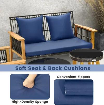 7 Piece Outdoor Conversation Set with Stable Acacia Wood Frame Cozy Seat & Back Cushions-Navy