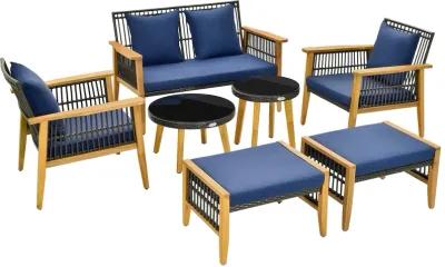 7 Piece Outdoor Conversation Set with Stable Acacia Wood Frame Cozy Seat & Back Cushions-Navy