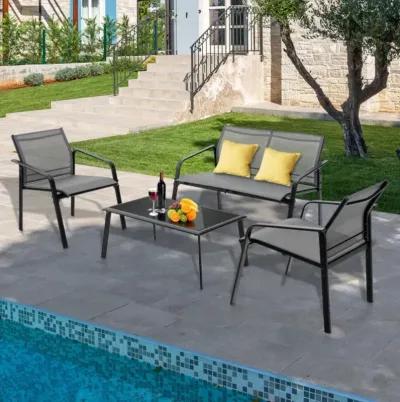 Hivvago 4 Pieces Patio Furniture Set with Armrest Loveseat Sofas and Glass Table Deck