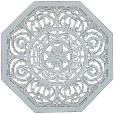 Nesting Coffee Tables, Set of 2, Handcrafted Carved Cut Out Floral Motifs, Antique White and Gray - Benzara