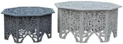 Nesting Coffee Tables, Set of 2, Handcrafted Carved Cut Out Floral Motifs, Antique White and Gray - Benzara