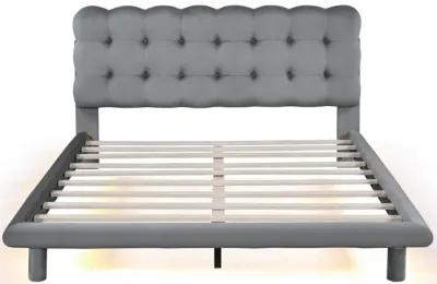 Gray Velvet Platform Bed with LED Frame