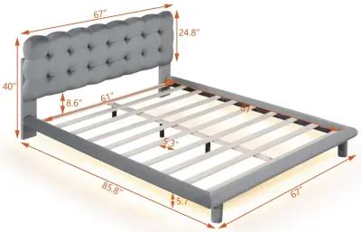 Gray Velvet Platform Bed with LED Frame