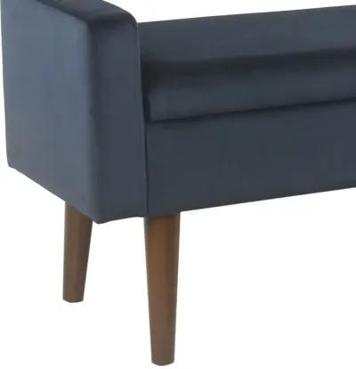 Velvet Upholstered Wooden Bench with Lift Top Storage and Tapered Feet, Navy Blue - Benzara