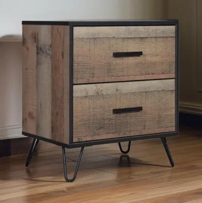 Lala 25 Inch Nightstand, 2 Drawers, Black Handles, Rustic Brown Wood Finish - Benzara