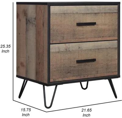 Lala 25 Inch Nightstand, 2 Drawers, Black Handles, Rustic Brown Wood Finish - Benzara