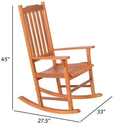 33 Inch Outdoor Rocking Chair, Natural Brown Wood, Slatted, Wide Armrests - Benzara