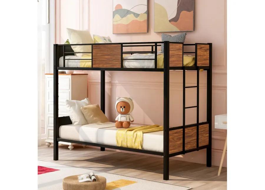 Twin-Over-Twin Bunk Bed Modern Style Steel Frame Bunk Bed With Safety Rail, Built-In Ladder