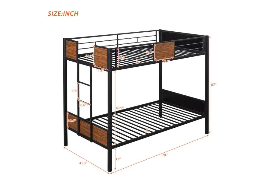 Twin-Over-Twin Bunk Bed Modern Style Steel Frame Bunk Bed With Safety Rail, Built-In Ladder