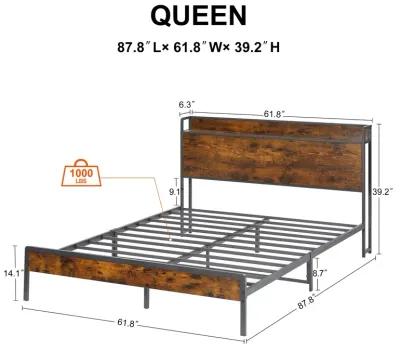 Bed Frame With Charging Station Queen Size, 87.80" L X 61.80" W X 39.2" H