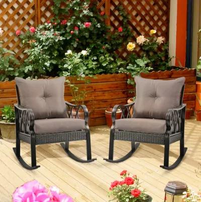 Outsunny 2 Piece Outdoor Wicker Rocking Chairs with Padded Cushions, Aluminum Furniture Rattan Porch Rocker Chairs w/ Armrest for Garden, Patio, and Backyard, Gray