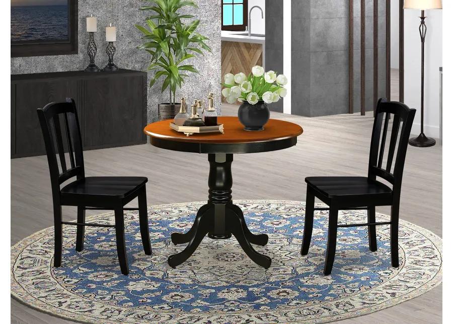 East West Furniture - ANDL3-BLK-W - 3-Piece Dining Room Set- 2 Dining Chair and Modern Round Dining Table - Wooden Seat and Slatted Chair Back (Black Finish)