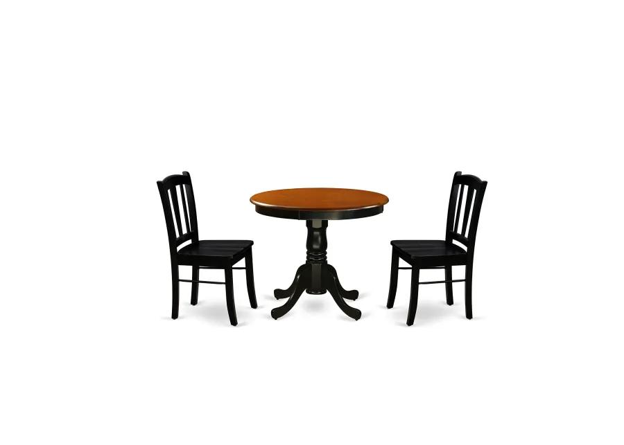 East West Furniture - ANDL3-BLK-W - 3-Piece Dining Room Set- 2 Dining Chair and Modern Round Dining Table - Wooden Seat and Slatted Chair Back (Black Finish)