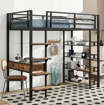 Merax Metal Loft Bed with Desk and Shelves