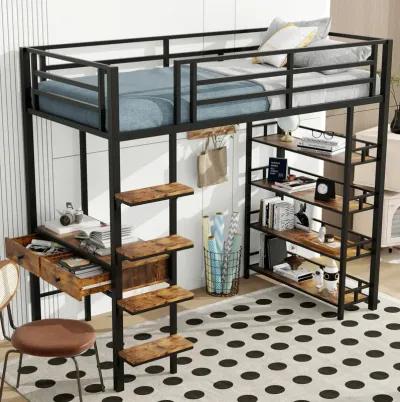 Merax Metal Loft Bed with Desk and Shelves