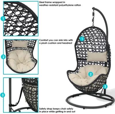 Sunnydaze Resin Wicker Basket Egg Chair with Steel Stand/Cushions