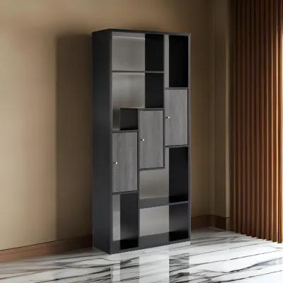 69 Inch Modern Display Cabinet with 7 Multilevel Shelves, 3 Doors, Black - Benzara