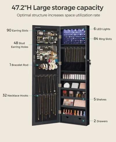 Mirror Jewelry Armoire with 6 LEDs - 47.2" Lockable Wall/Door Mounted Cabinet with 2 Drawers