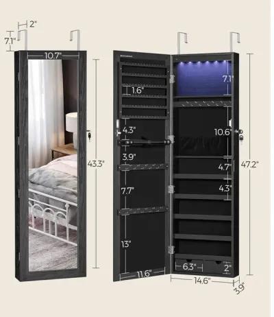 Mirror Jewelry Armoire with 6 LEDs - 47.2" Lockable Wall/Door Mounted Cabinet with 2 Drawers