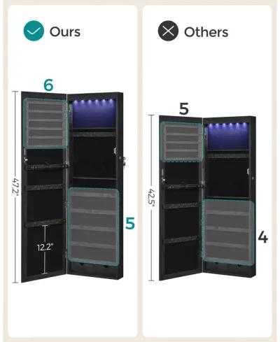 Mirror Jewelry Armoire with 6 LEDs - 47.2" Lockable Wall/Door Mounted Cabinet with 2 Drawers