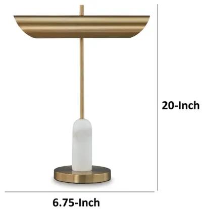 Leon 20 Inch Desk Lamp, Round Base, USB Port, Gold Metal, White Marble - Benzara