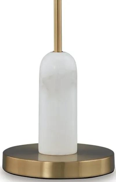 Leon 20 Inch Desk Lamp, Round Base, USB Port, Gold Metal, White Marble - Benzara