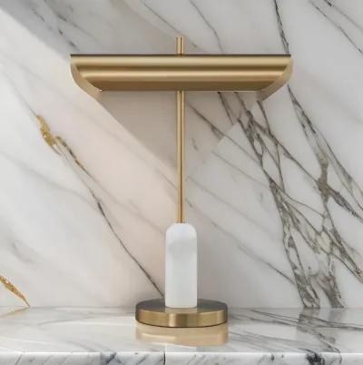 Leon 20 Inch Desk Lamp, Round Base, USB Port, Gold Metal, White Marble - Benzara