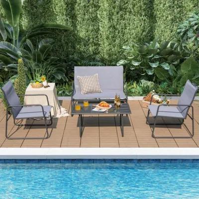 4 Pieces of Metal Patio Furniture Chat Set with Tempered Glass Coffee Table