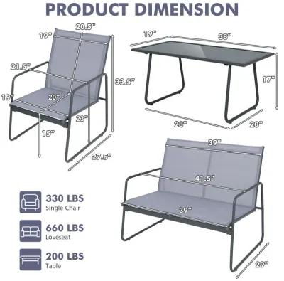 4 Pieces of Metal Patio Furniture Chat Set with Tempered Glass Coffee Table