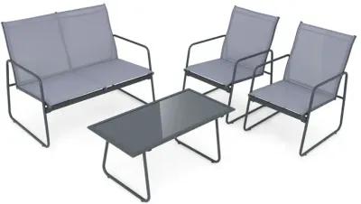 4 Pieces of Metal Patio Furniture Chat Set with Tempered Glass Coffee Table