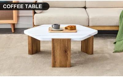 Modern MDF Coffee Table with White Top & Wooden Legs