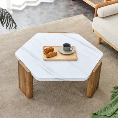 Modern MDF Coffee Table with White Top & Wooden Legs