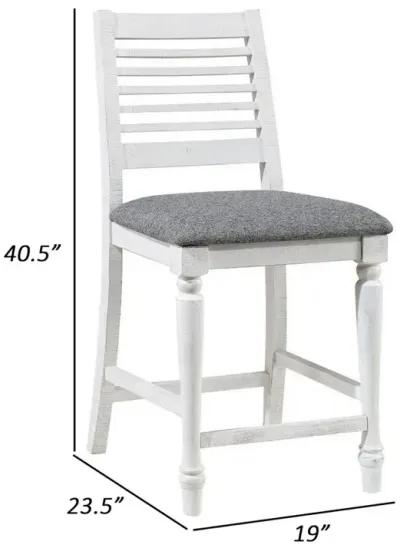 Wren 23 Inch Counter Height Chair Set of 2, Antique White Wood, Gray Seat - Benzara