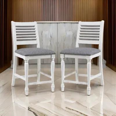 Wren 23 Inch Counter Height Chair Set of 2, Antique White Wood, Gray Seat - Benzara