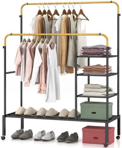 Rolling Double Rods Garment Rack with Height Adjustable Hanging Bars