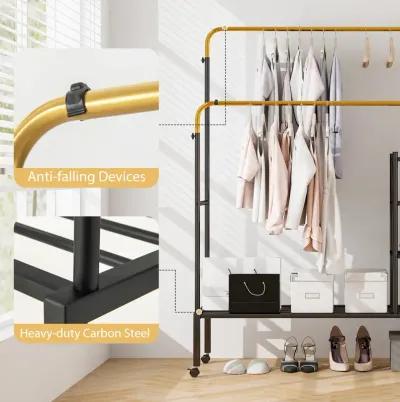 Rolling Double Rods Garment Rack with Height Adjustable Hanging Bars