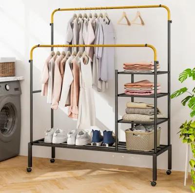 Rolling Double Rods Garment Rack with Height Adjustable Hanging Bars