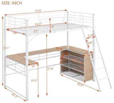 Twin Size Metal Loft Bed With 3 Layers Of Shelves And L-Shaped Desk, White