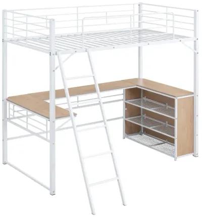 Twin Size Metal Loft Bed With 3 Layers Of Shelves And L-Shaped Desk, White