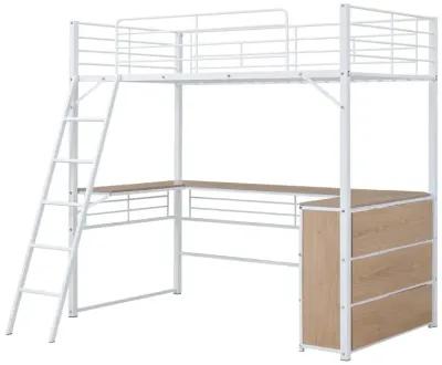 Twin Size Metal Loft Bed With 3 Layers Of Shelves And L-Shaped Desk, White