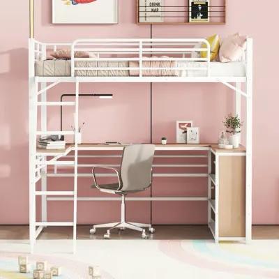 Twin Size Metal Loft Bed With 3 Layers Of Shelves And L-Shaped Desk, White