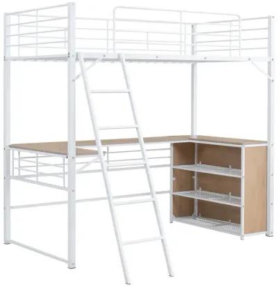 Twin Size Metal Loft Bed With 3 Layers Of Shelves And L-Shaped Desk, White